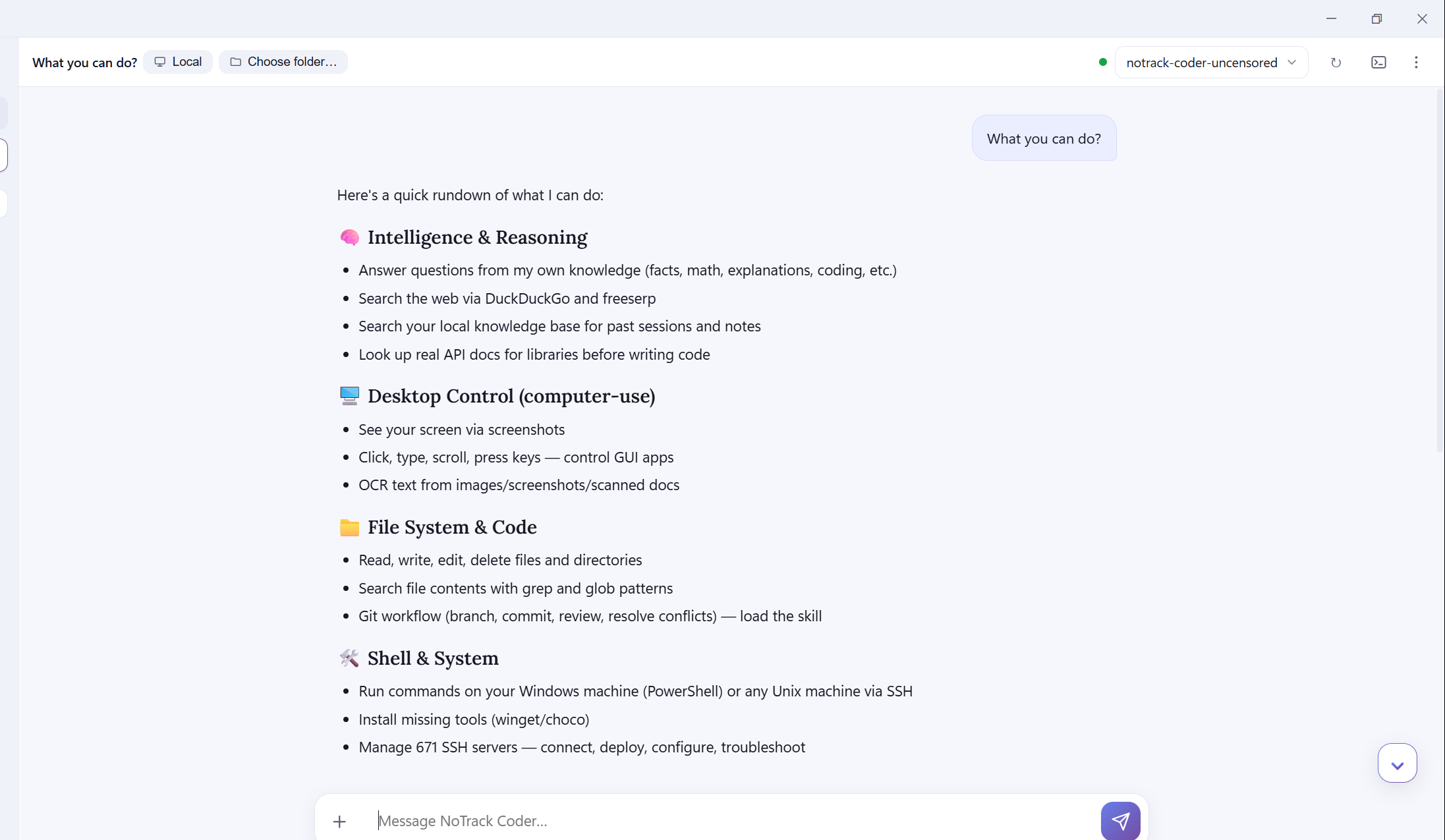Shared reference interface, upper view: folder and model selectors above a conversation. Zoom shows the full screenshot; final software may differ.